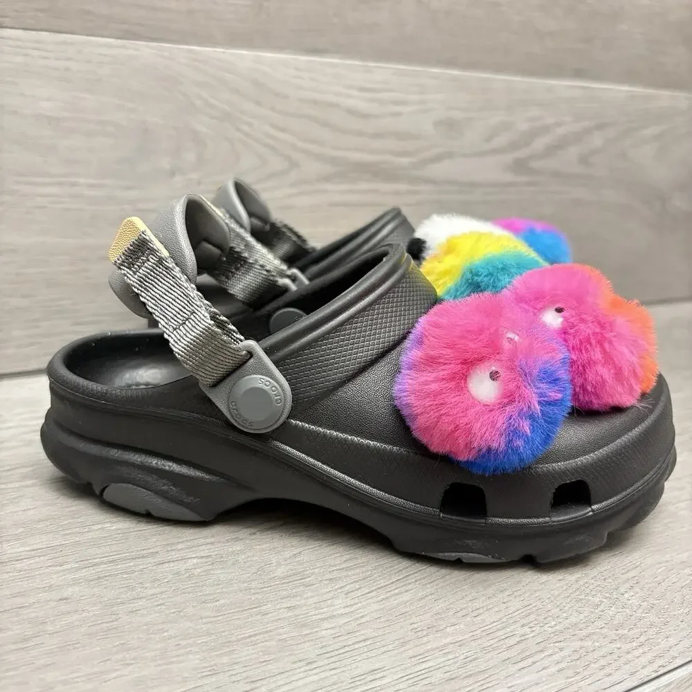CROCS Charms Clog Sandal Fuzzy Puff Character Jibbitz Black Crocs Youth Size 13C